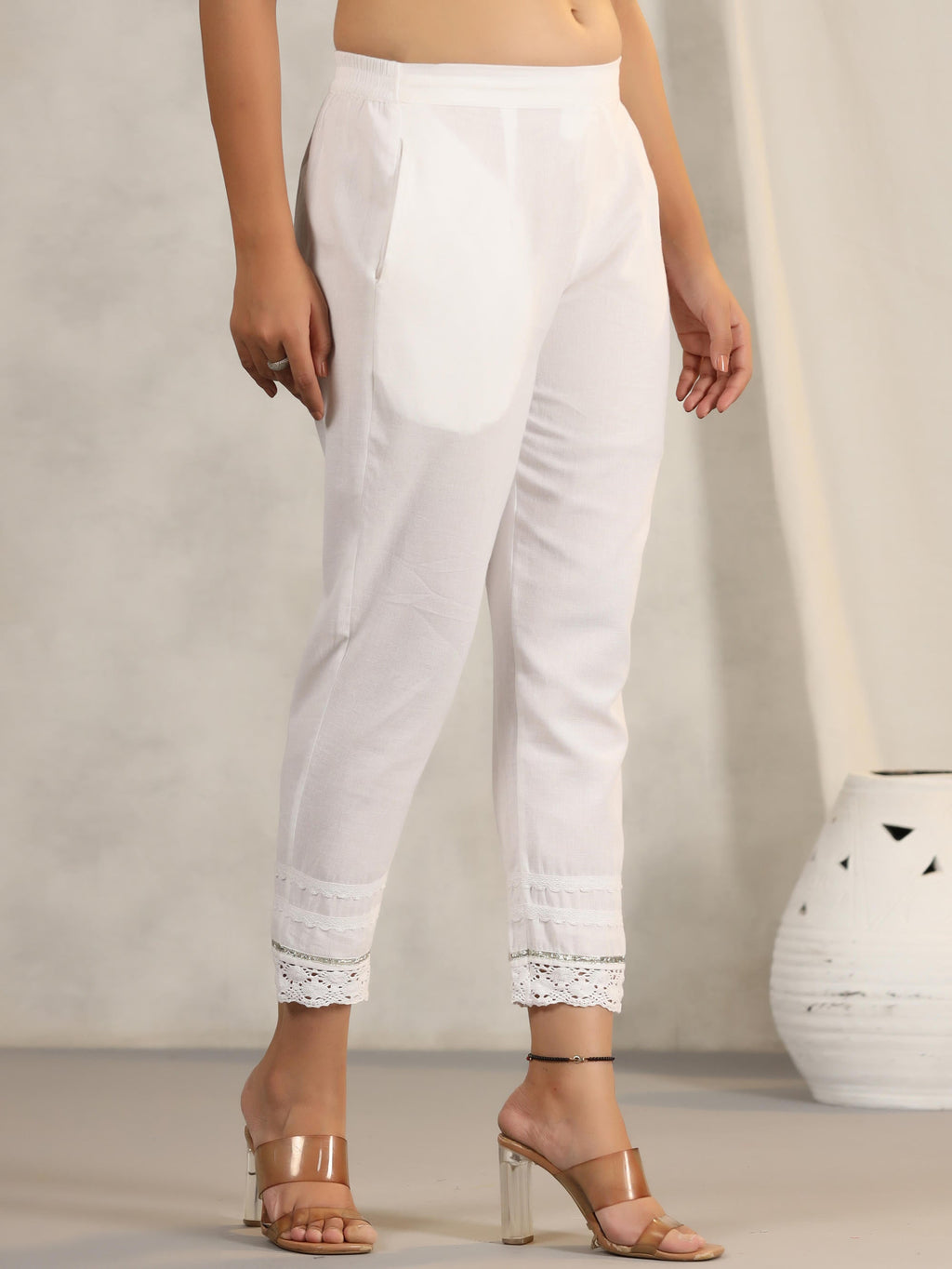 Juniper Women's White Soild Cotton Flex Pants With Lace Work