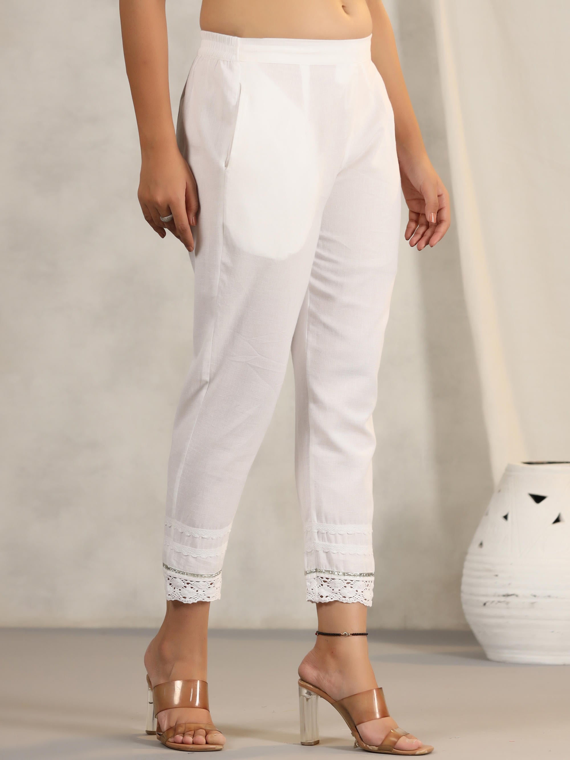 Juniper Women's White Soild Cotton Flex Pants With Lace Work