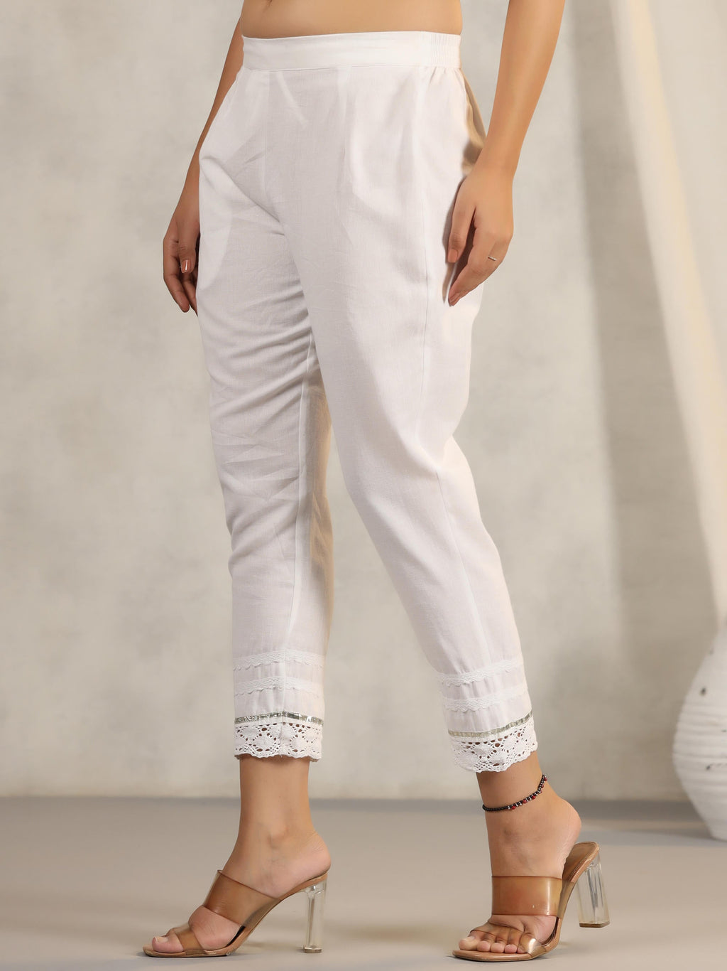 Juniper Women's White Soild Cotton Flex Pants With Lace Work