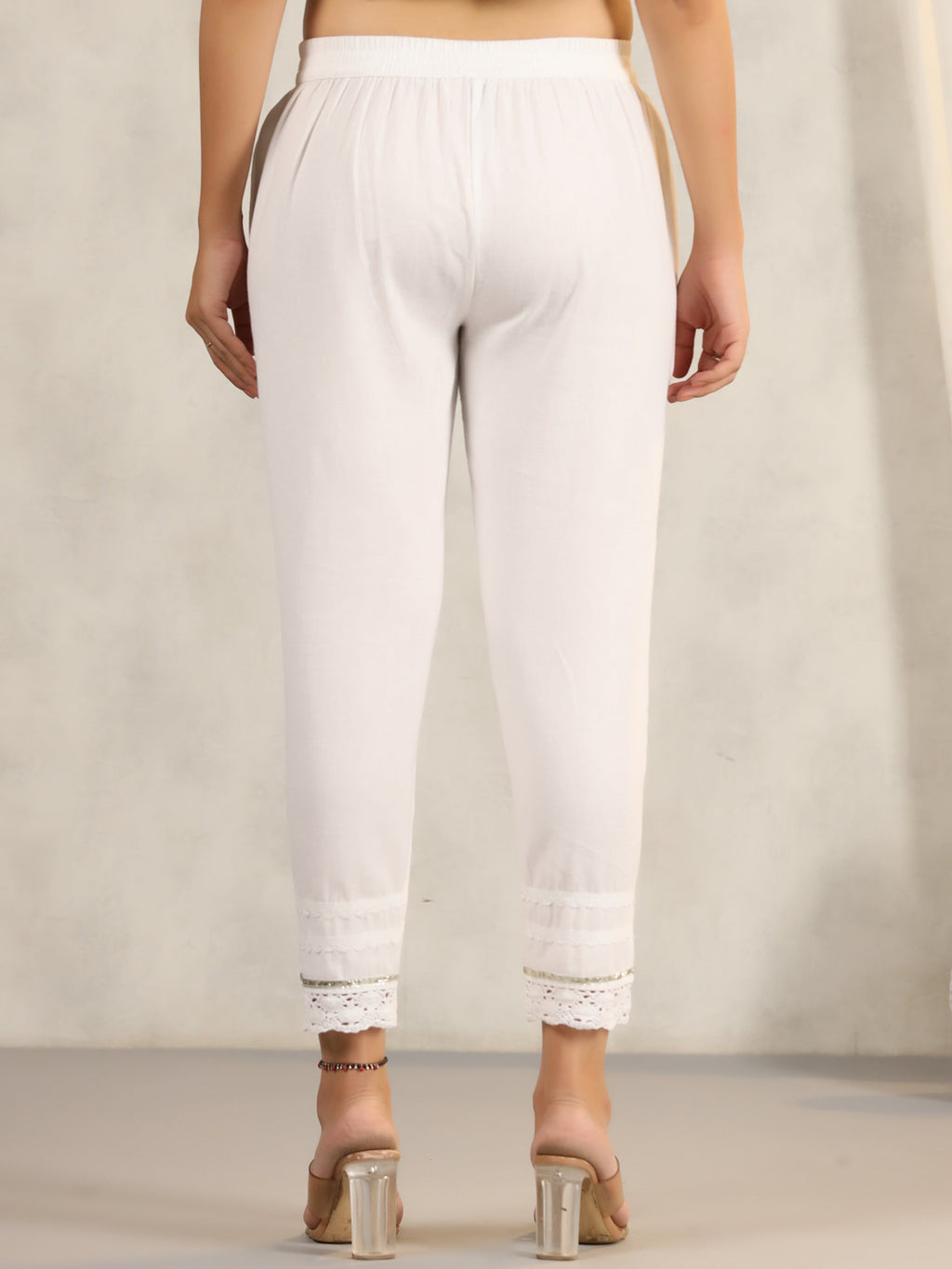Juniper Women's Off White Soild Cotton Flex Pants With Lace Work