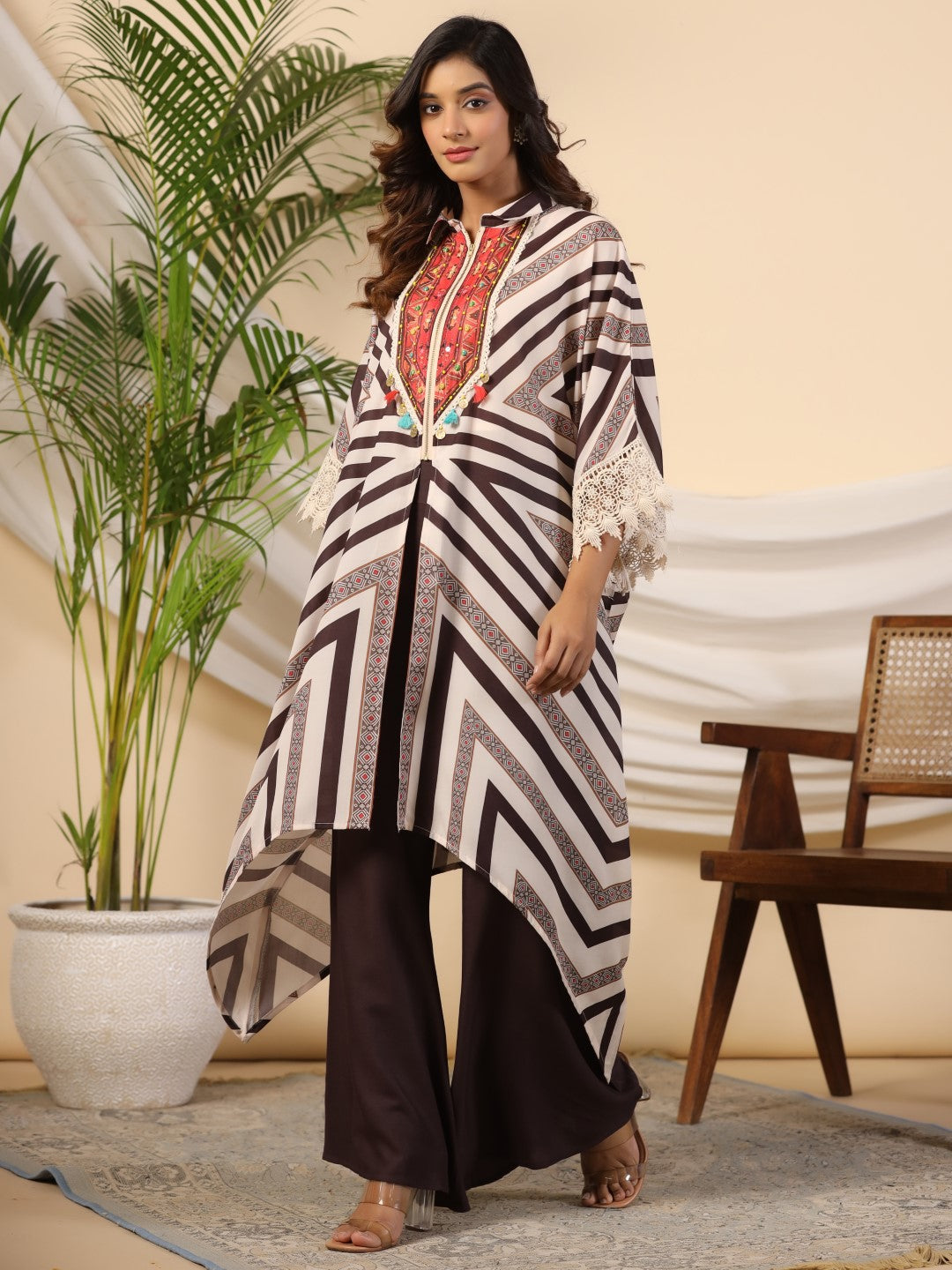 Juniper Brown Stripe Print Cotton Lacy Kaftan & Pants Co-Ord Set & Inner With Contrast Kantha And Bead Work