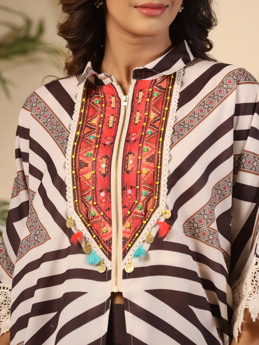 Juniper Brown Stripe Print Cotton Lacy Kaftan & Pants Co-Ord Set & Inner With Contrast Kantha And Bead Work