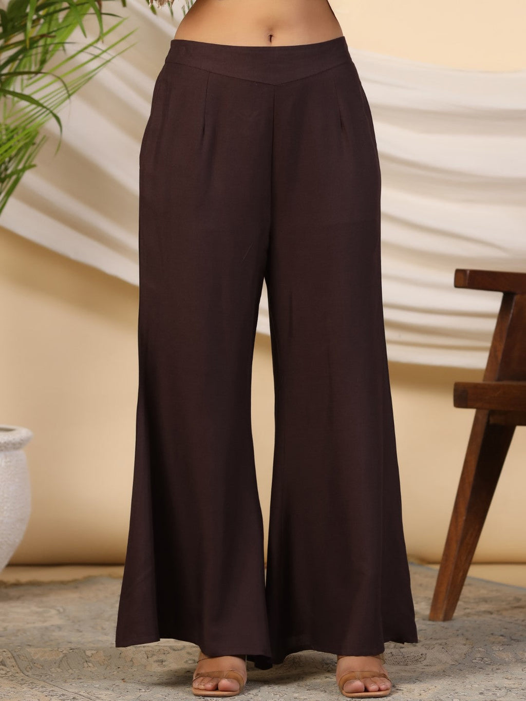 Juniper Brown Stripe Print Cotton Lacy Kaftan & Pants Co-Ord Set & Inner With Contrast Kantha And Bead Work