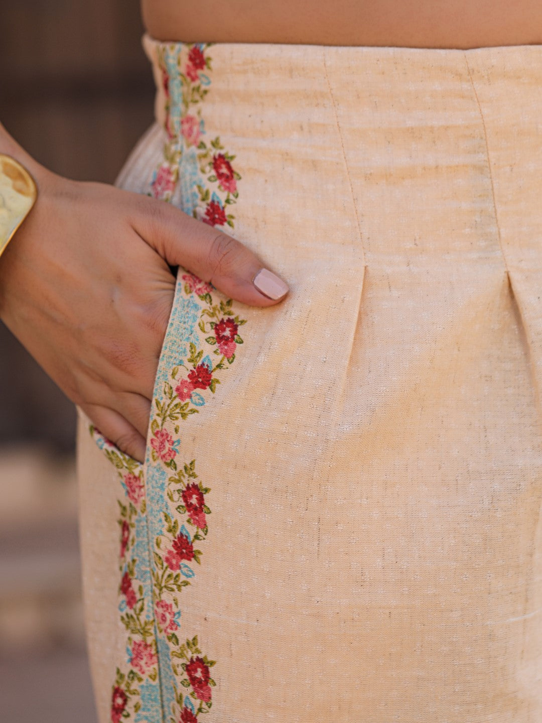 Juniper Beige Floral Printed Pure Cotton Crop Top & Pants With Thread Work Embroidery