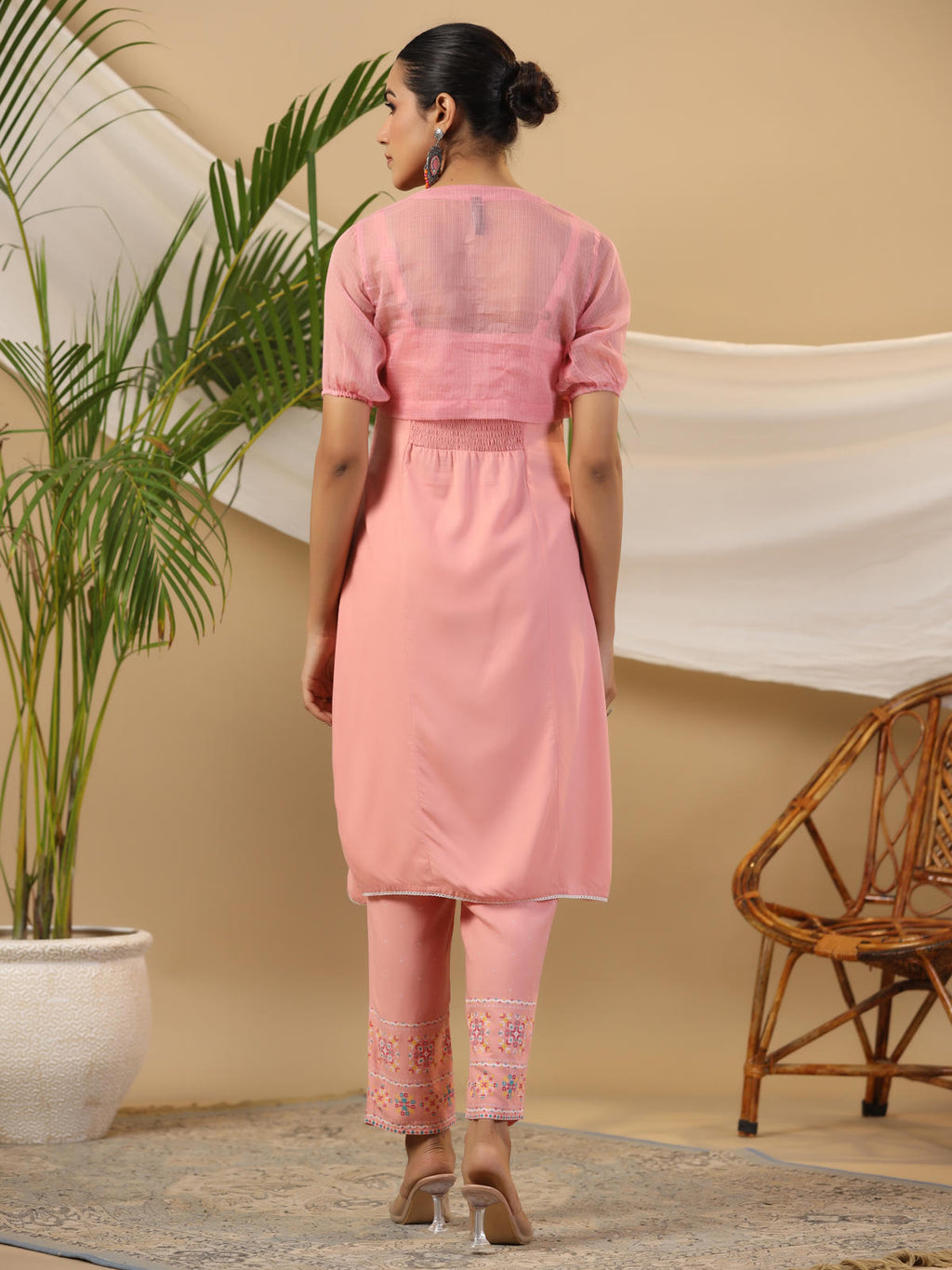 Juniper Women's Peach Geometric Printed Rayon Kurta Pants & Jacket With Sequins Work