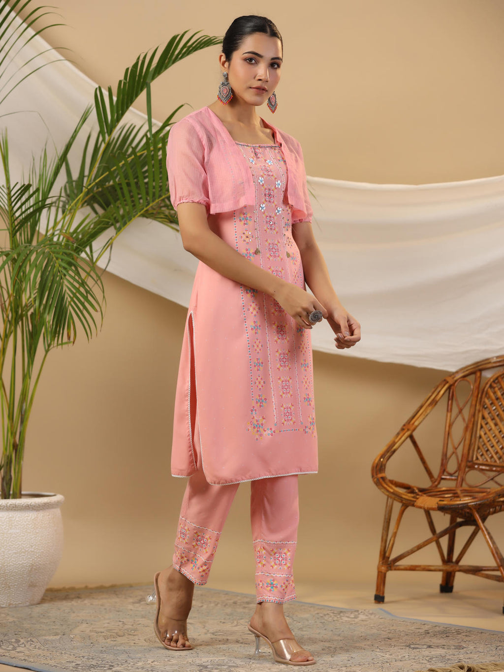 Juniper Women's Peach Geometric Printed Rayon Kurta Pants & Jacket With Sequins Work