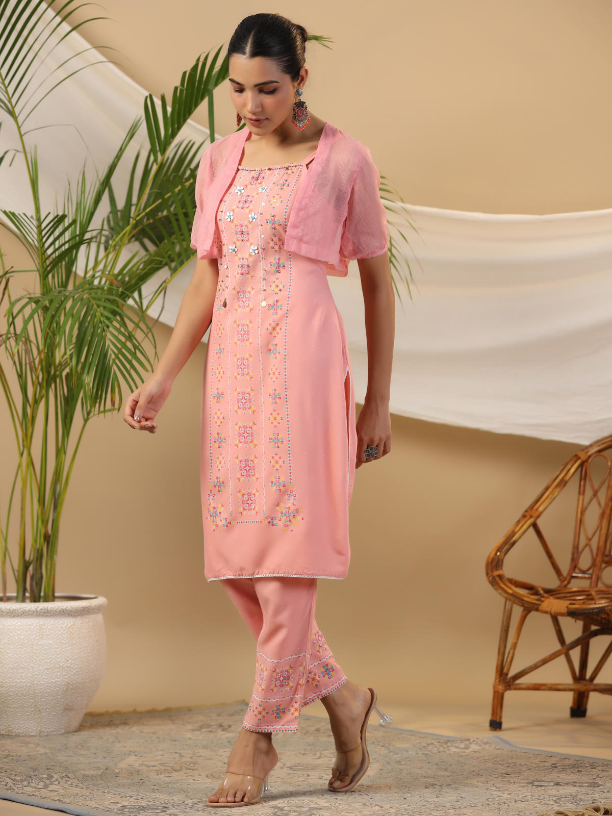 Juniper Women's Peach Geometric Printed Rayon Kurta Pants & Jacket With Sequins Work