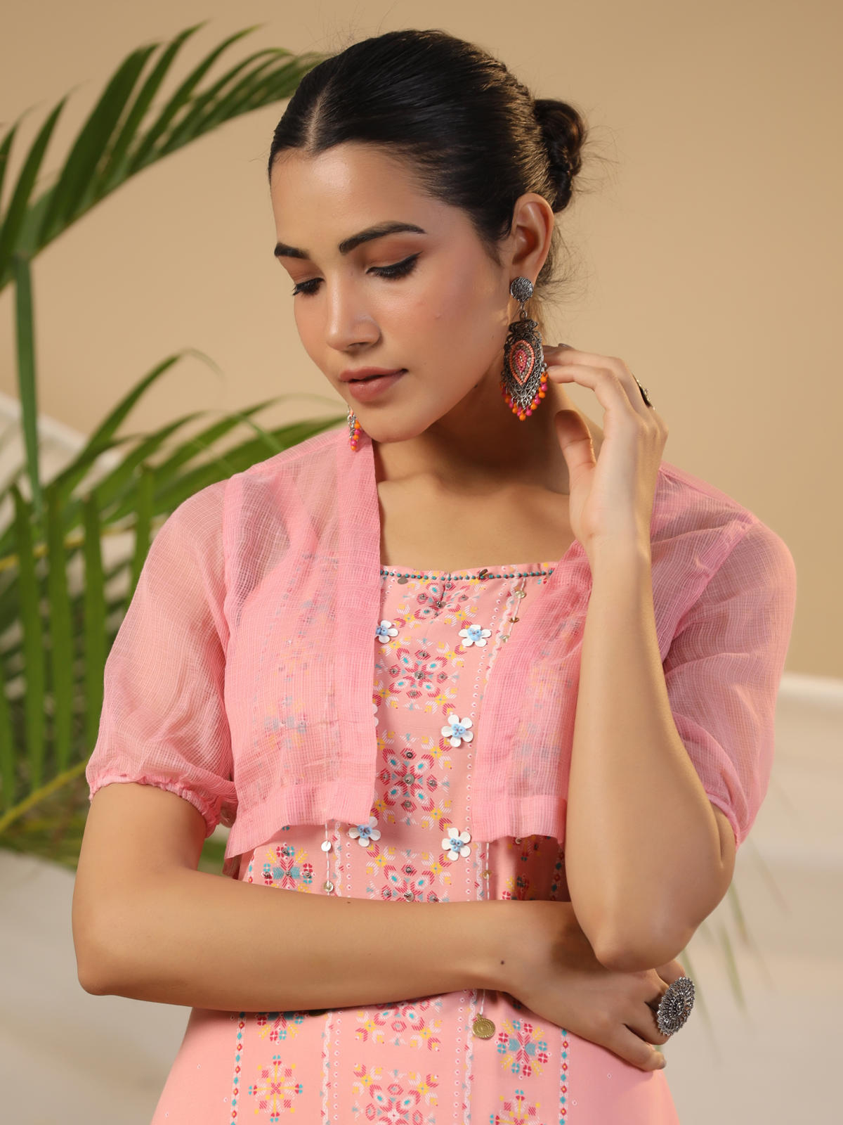 Juniper Women's Peach Geometric Printed Rayon Kurta Pants & Jacket With Sequins Work