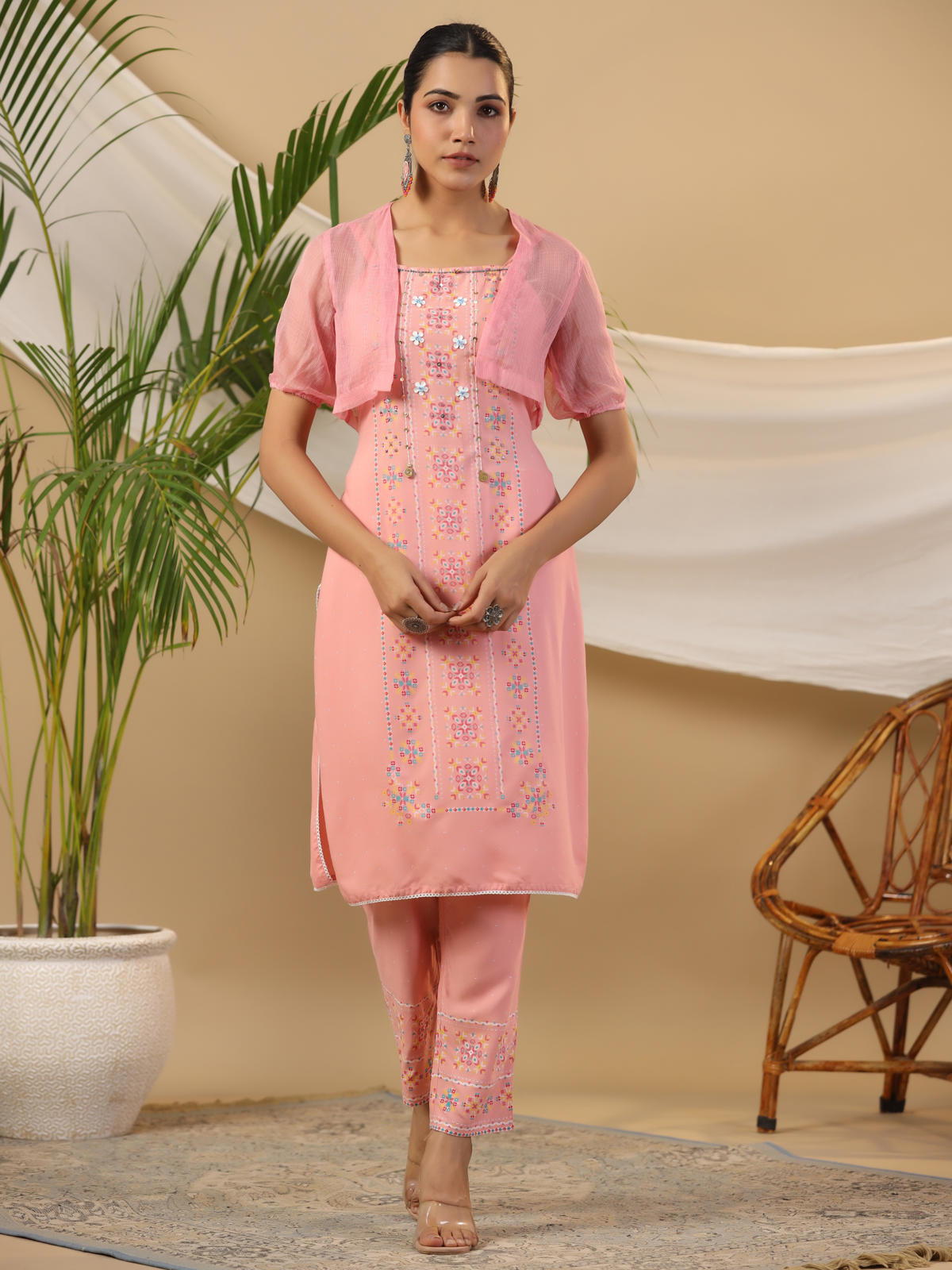 Juniper Women's Peach Geometric Printed Rayon Kurta Pants & Jacket With Sequins Work