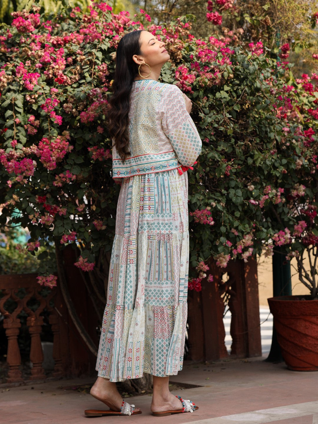 Juniper Women Ivory Cotton Cambric Printed Tiered Maxi Dress with Shrug