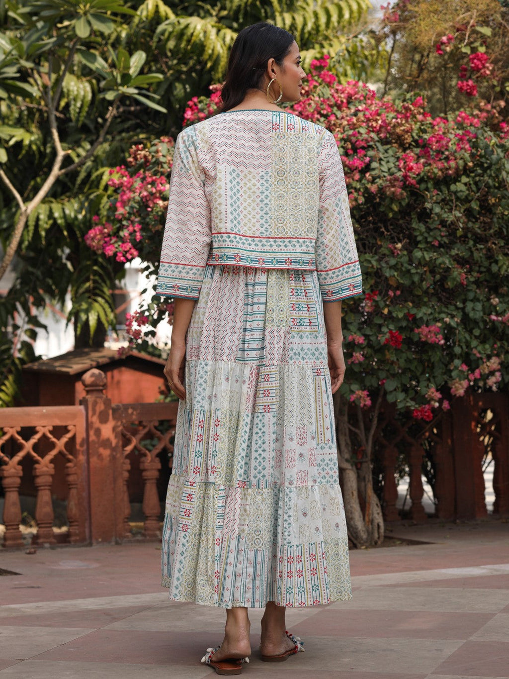 Juniper Women Ivory Cotton Cambric Printed Tiered Maxi Dress with Shrug