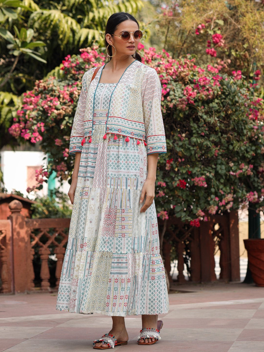 Juniper Women Ivory Cotton Cambric Printed Tiered Maxi Dress with Shrug