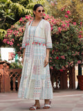 Juniper Women Ivory Cotton Cambric Printed Tiered Maxi Dress with Shrug