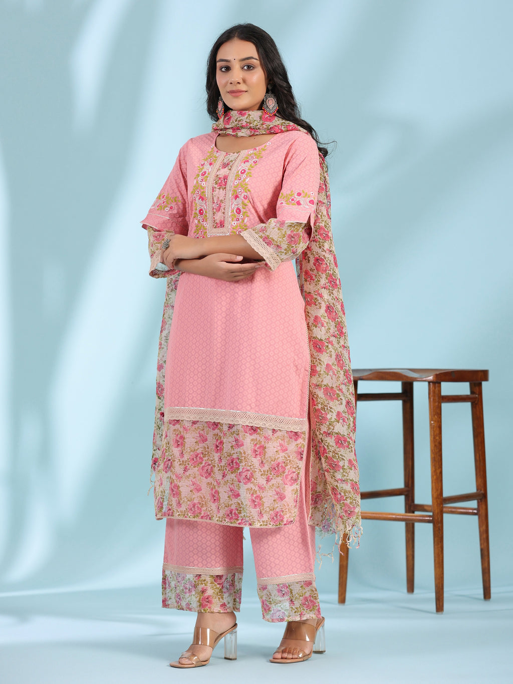 Juniper Pink Floral Printed & Laced Pure Cotton Kurta Palazzo Set With Printed Kota Doria Dupatta (3-Pcs)