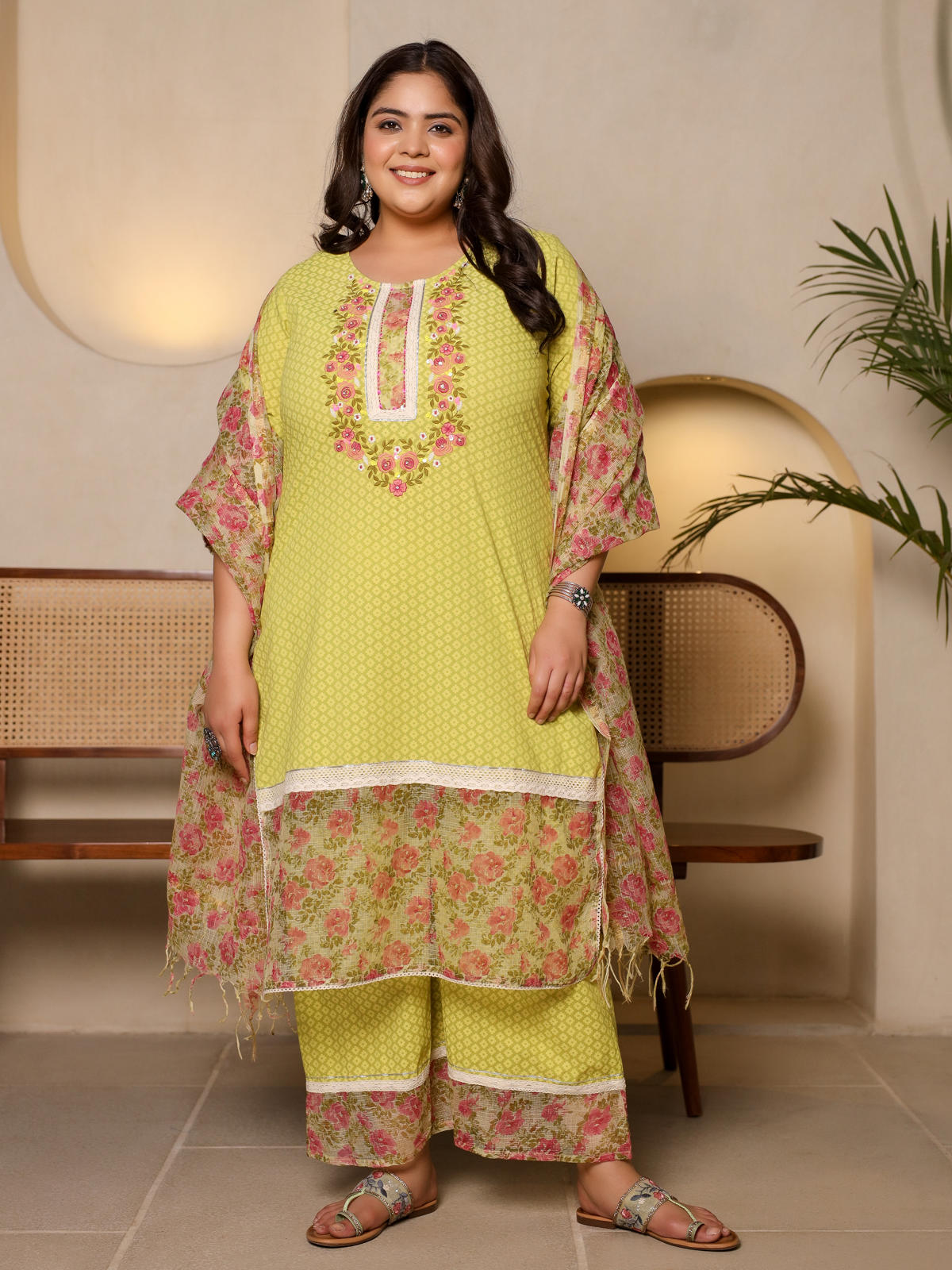Juniper Women's The Madhubala Lime Green Floral Printed Plus Size Kurta Set