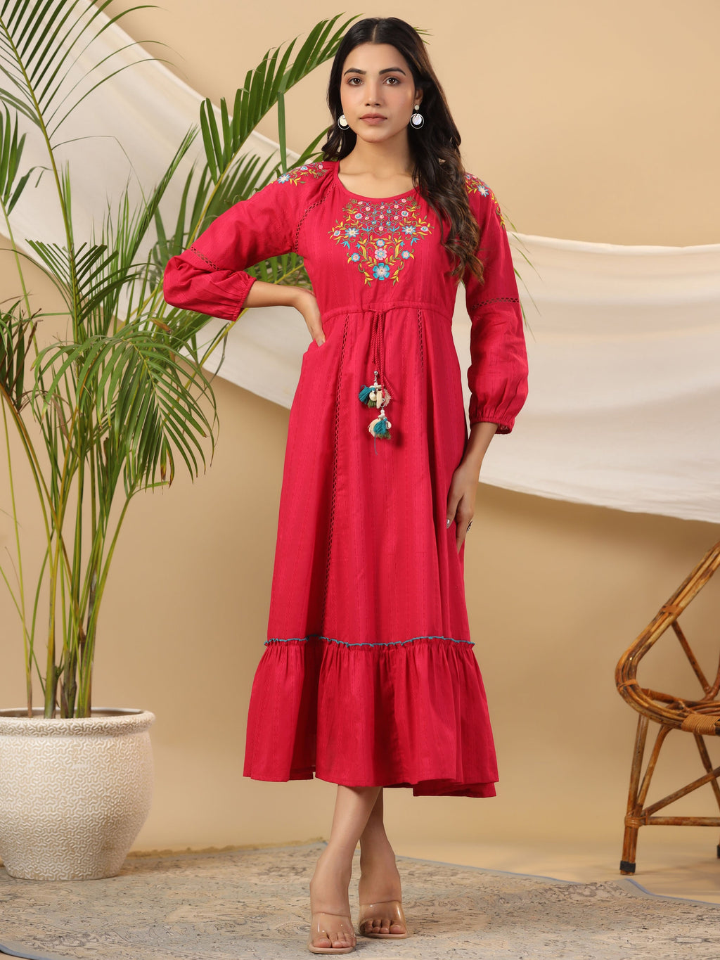 Juniper Fuchsia Floral Embroidered Cotton Dobby Tiered Maxi Dress With Kaudis & Colourful Tassels
