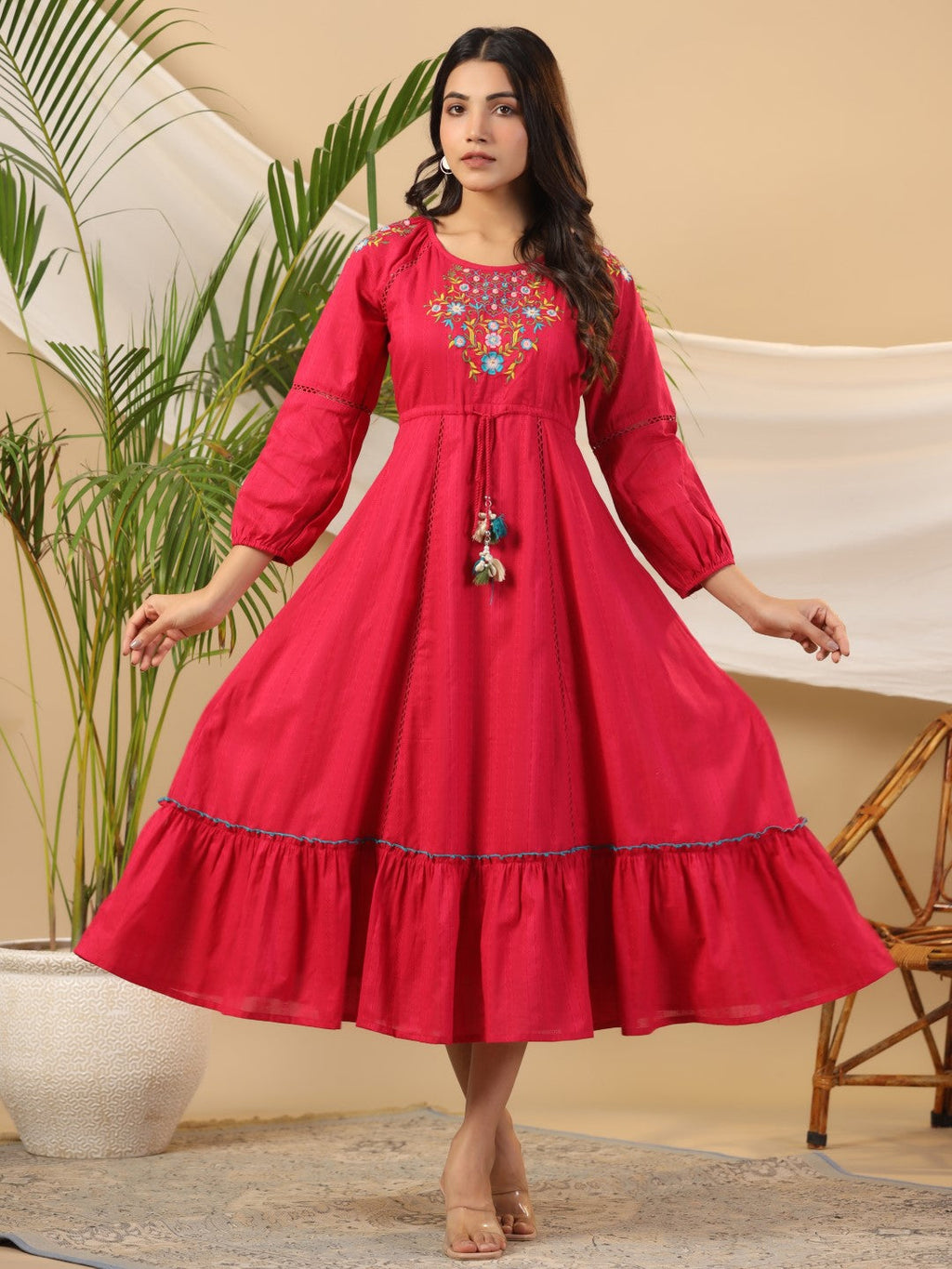 Juniper Fuchsia Floral Embroidered Cotton Dobby Tiered Maxi Dress With Kaudis & Colourful Tassels