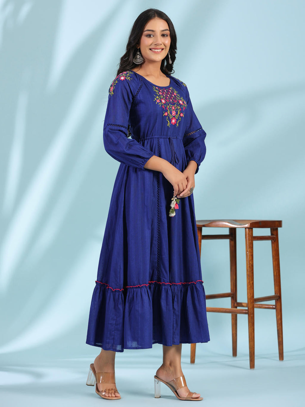 Juniper Women's Indigo Floral Embroidered Cotton Dobby Tiered Maxi Dress With Kaudis & Colourful Tassels
