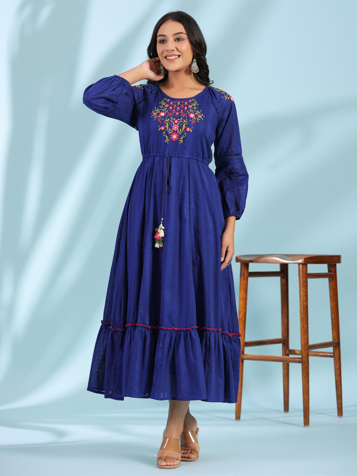 Juniper Women's Indigo Floral Embroidered Cotton Dobby Tiered Maxi Dress With Kaudis & Colourful Tassels