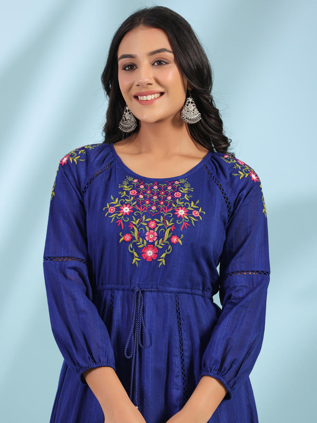 Juniper Women's Indigo Floral Embroidered Cotton Dobby Tiered Maxi Dress With Kaudis & Colourful Tassels