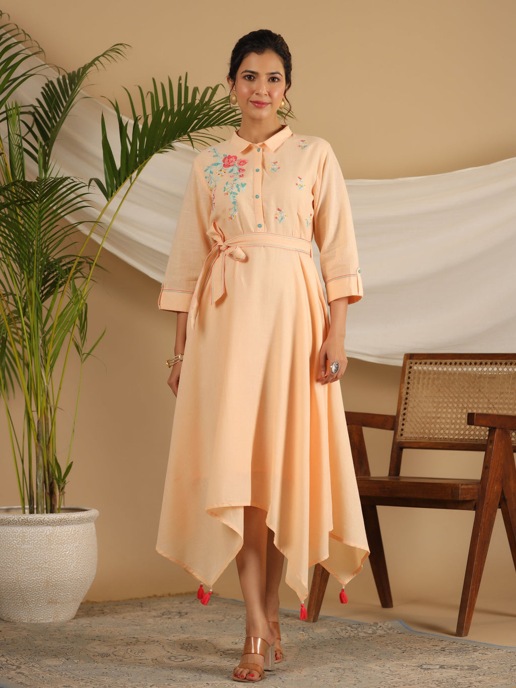 Juniper Peach Fit & Flare Belted Asymmetrical Maxi Dress With Floral Thread Embroidery
