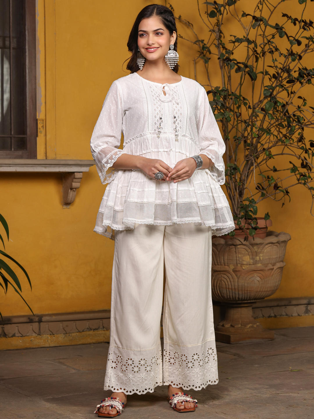 Juniper White Solid Peplum Lacy Keyhole Neckline Tunic With Lining