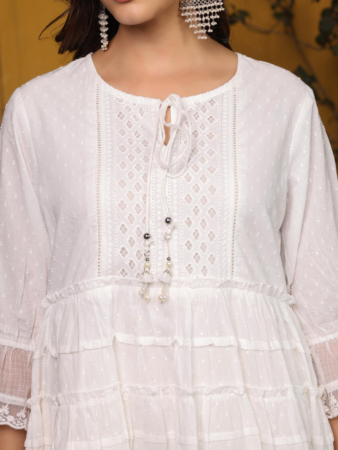 Juniper White Solid Peplum Lacy Keyhole Neckline Tunic With Lining