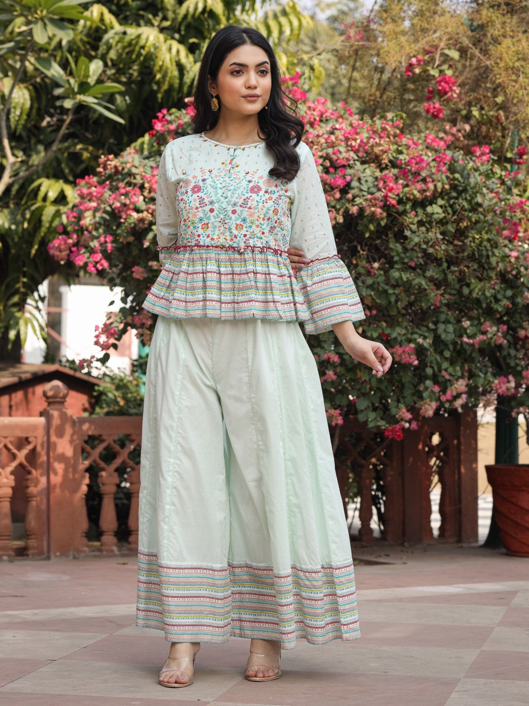 Juniper Women's Mint Floral Printed Peplum Co-Ord Set With Kantha Work & Beads