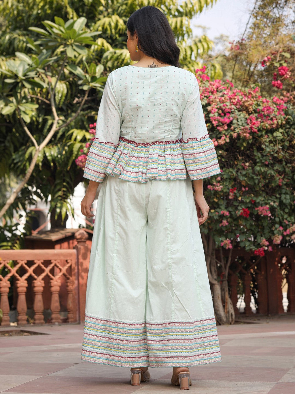 Juniper Women's Mint Floral Printed Peplum Co-Ord Set With Kantha Work & Beads