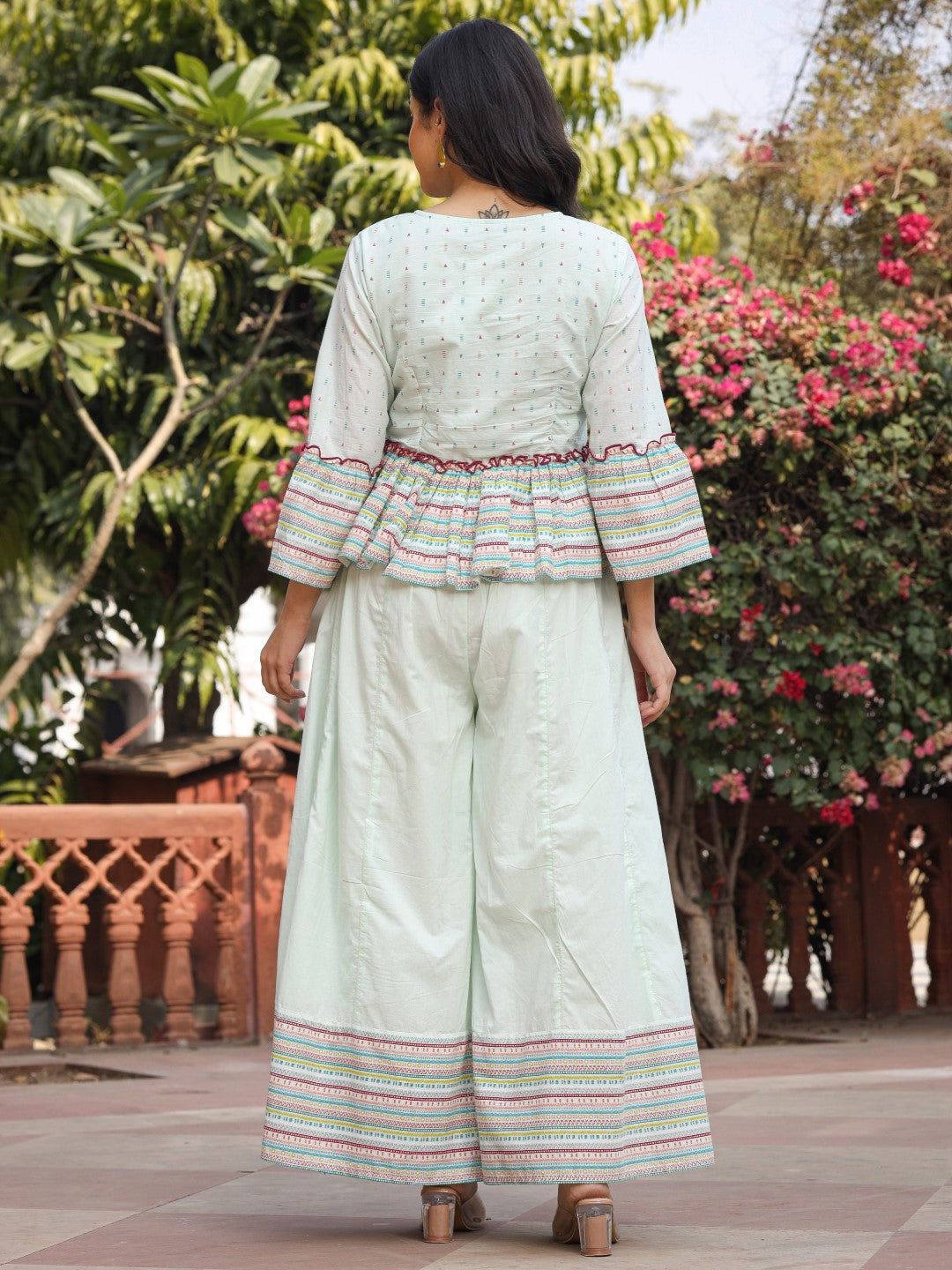 Juniper Women's Mint Floral Printed Peplum Co-Ord Set With Kantha Work & Beads