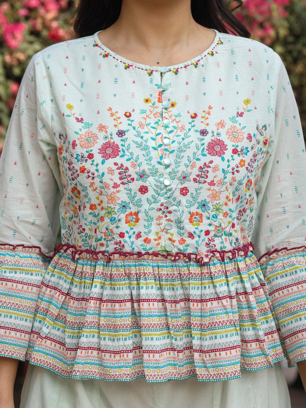 Juniper Women's Mint Floral Printed Peplum Co-Ord Set With Kantha Work & Beads