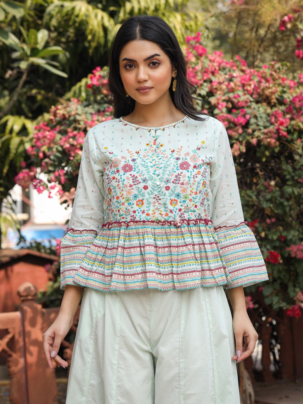 Juniper Women's Mint Floral Printed Peplum Co-Ord Set With Kantha Work & Beads