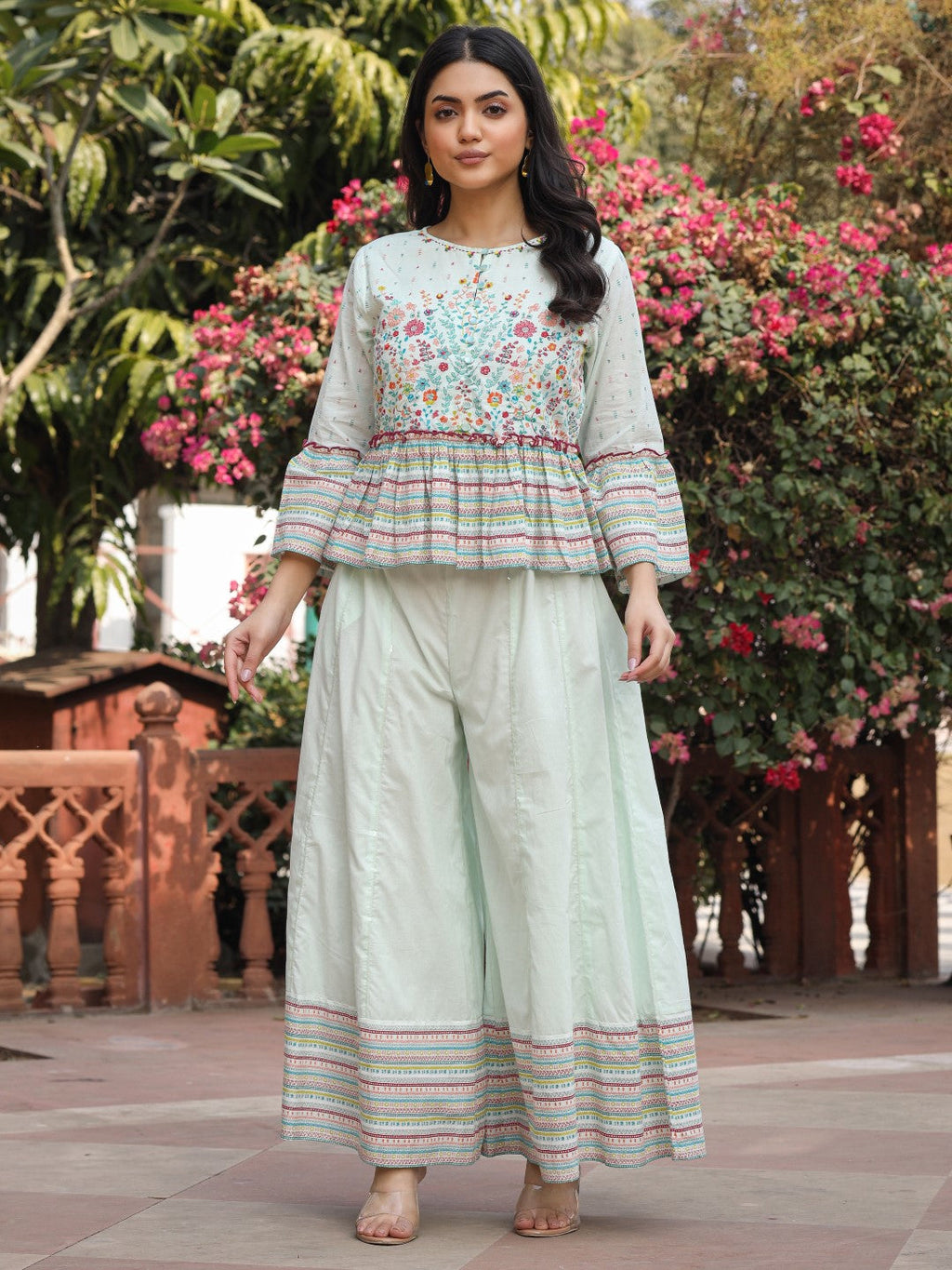 Juniper Women's Mint Floral Printed Peplum Co-Ord Set With Kantha Work & Beads