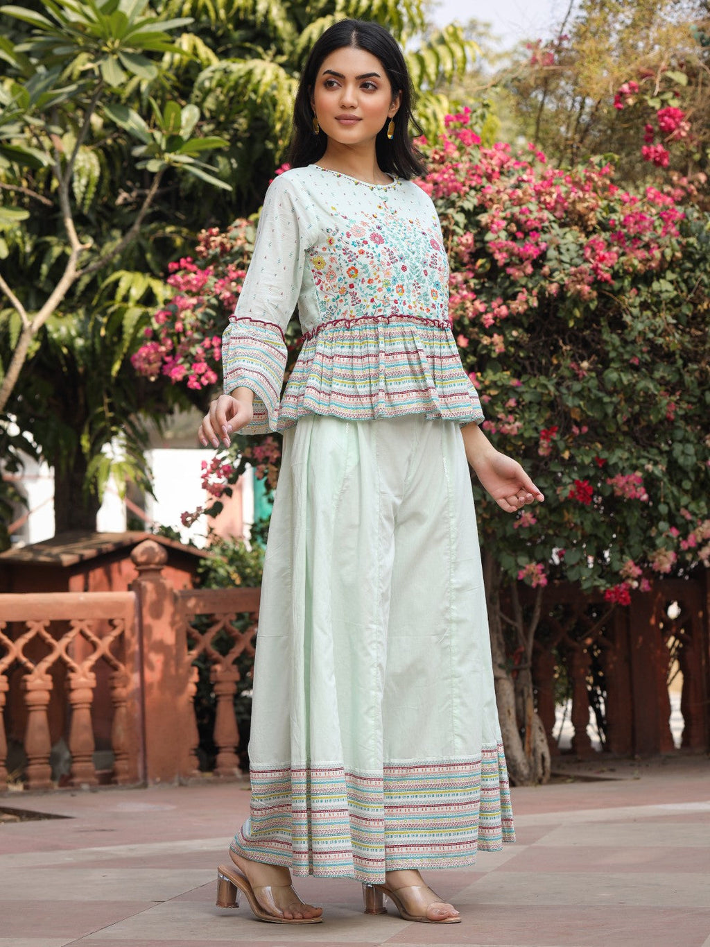 Juniper Women's Mint Floral Printed Peplum Co-Ord Set With Kantha Work & Beads