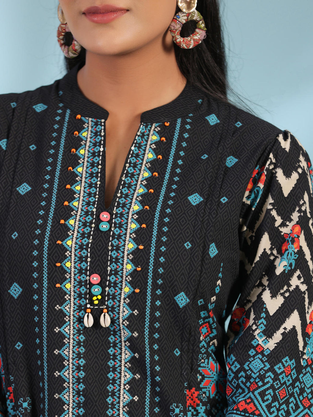 Juniper Women's Black Pure Cotton Geometric Printed & Pleated Kurta With Beads & Sequins