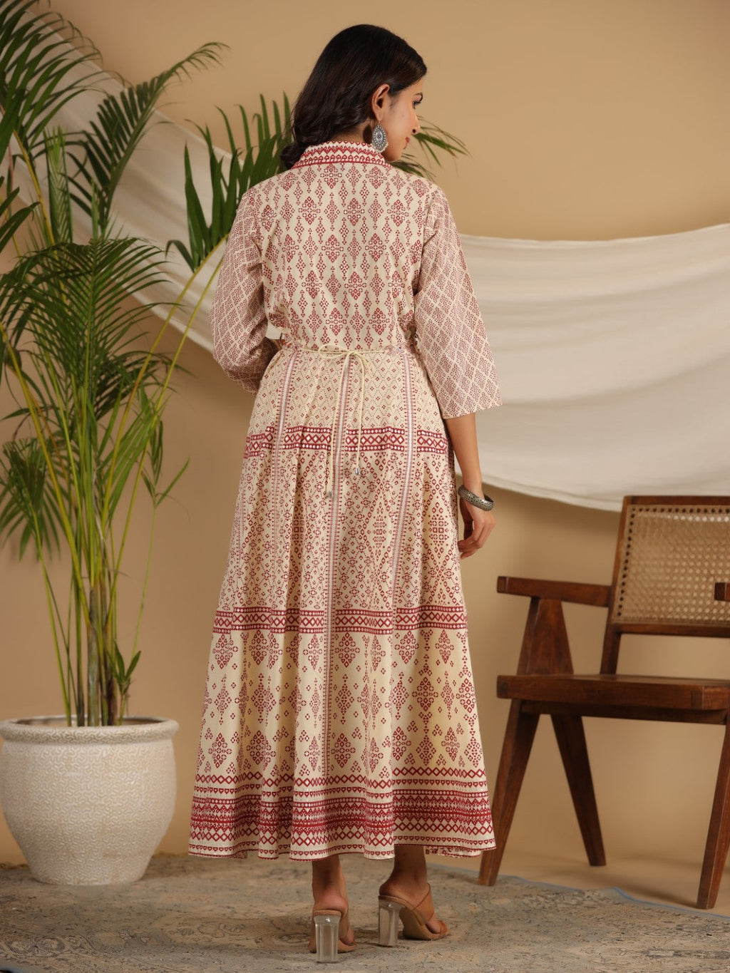 Juniper Ivory Cotton Geometric Printed Fit & Flare Maxi Dress With Contrast Beads & Sequins