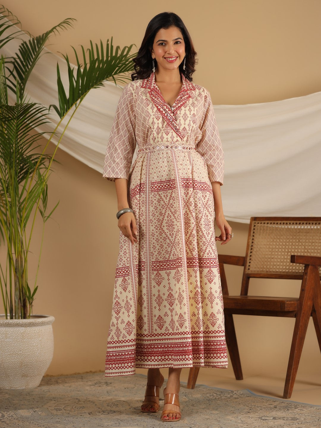 Juniper Ivory Cotton Geometric Printed Fit & Flare Maxi Dress With Contrast Beads & Sequins