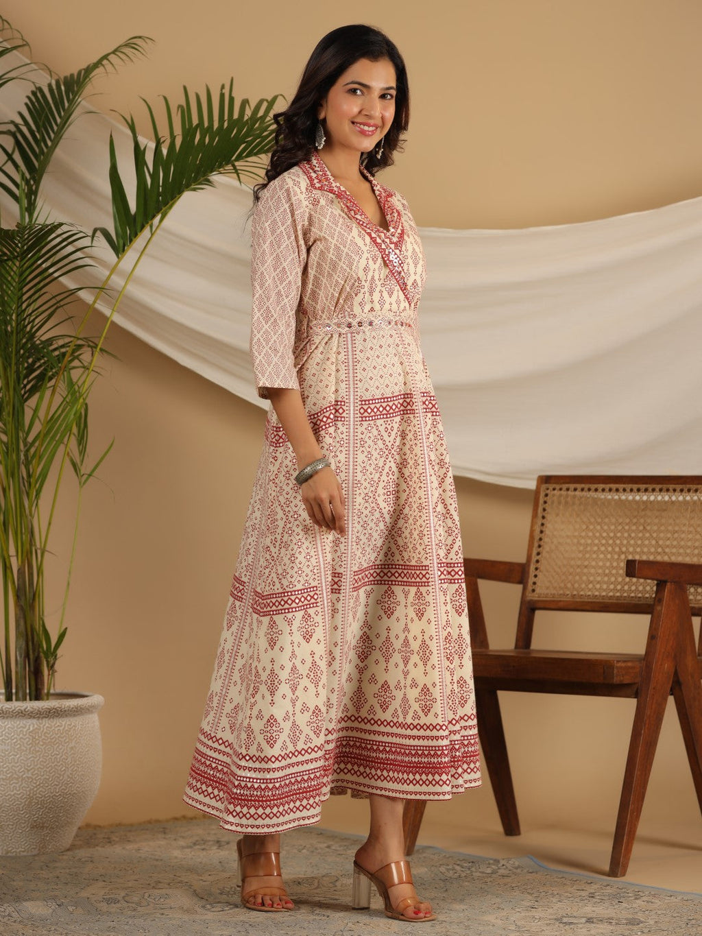 Juniper Ivory Cotton Geometric Printed Fit & Flare Maxi Dress With Contrast Beads & Sequins