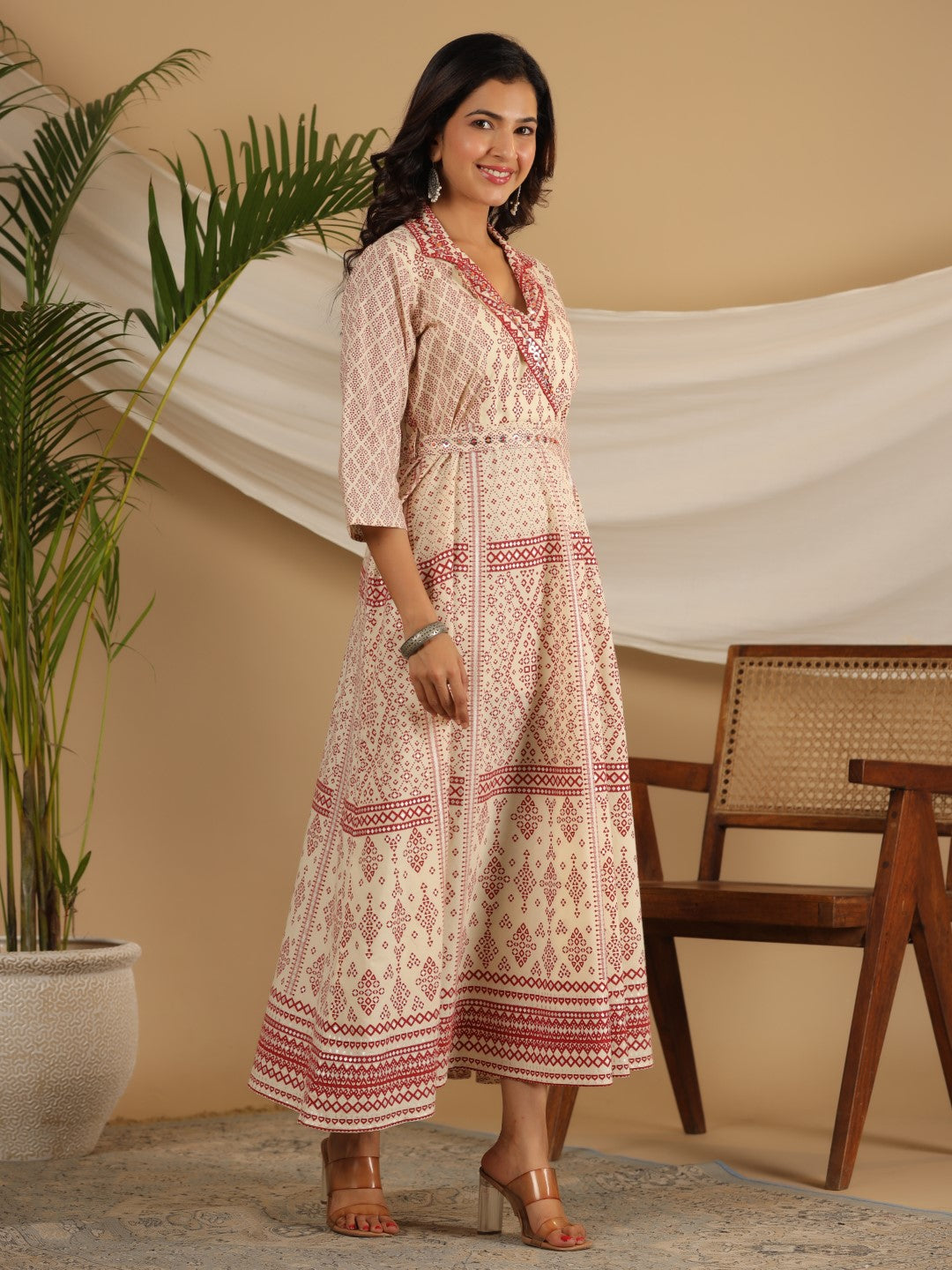 Juniper Ivory Cotton Geometric Printed Fit & Flare Maxi Dress With Contrast Beads & Sequins