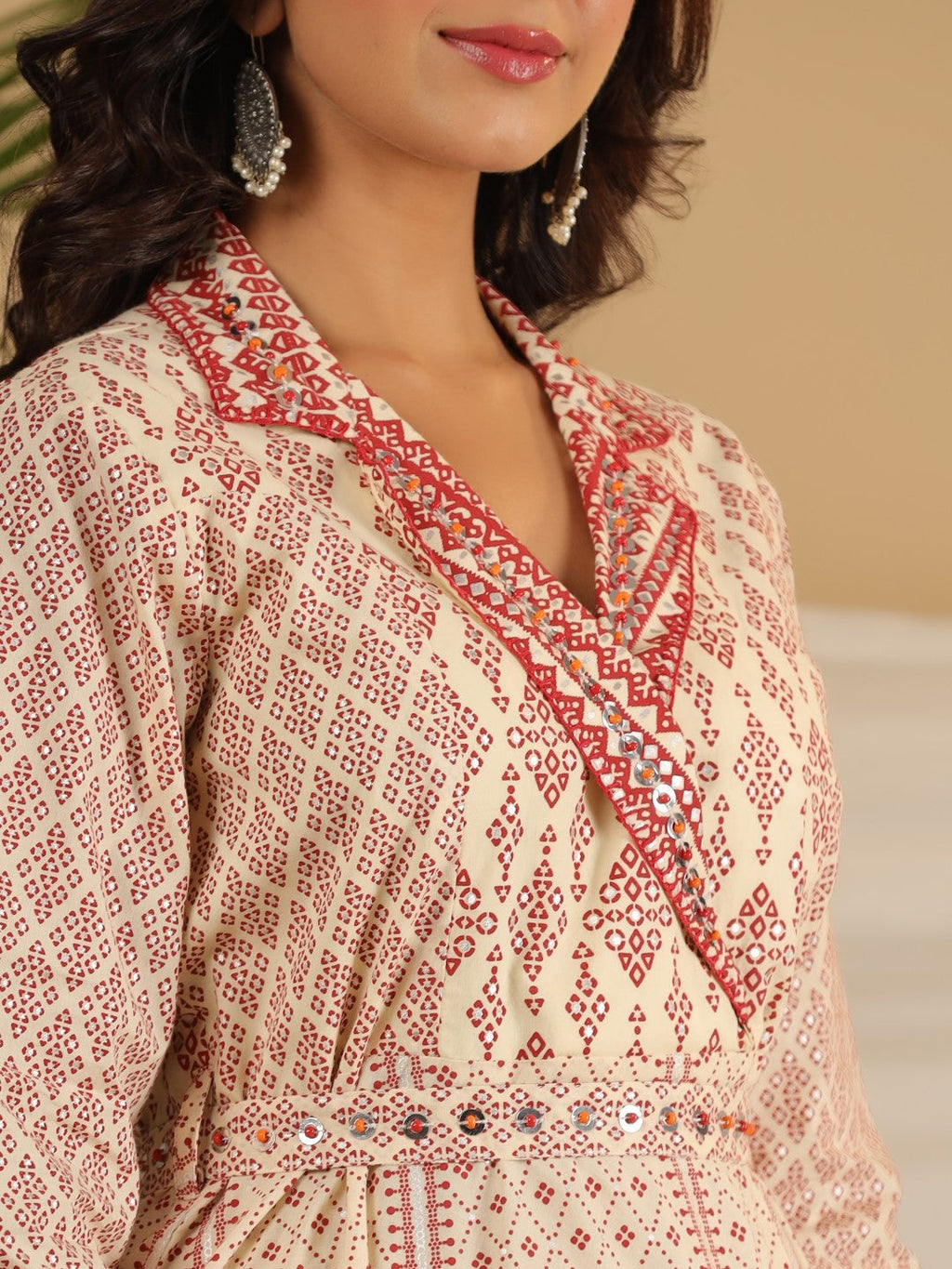 Juniper Ivory Cotton Geometric Printed Fit & Flare Maxi Dress With Contrast Beads & Sequins