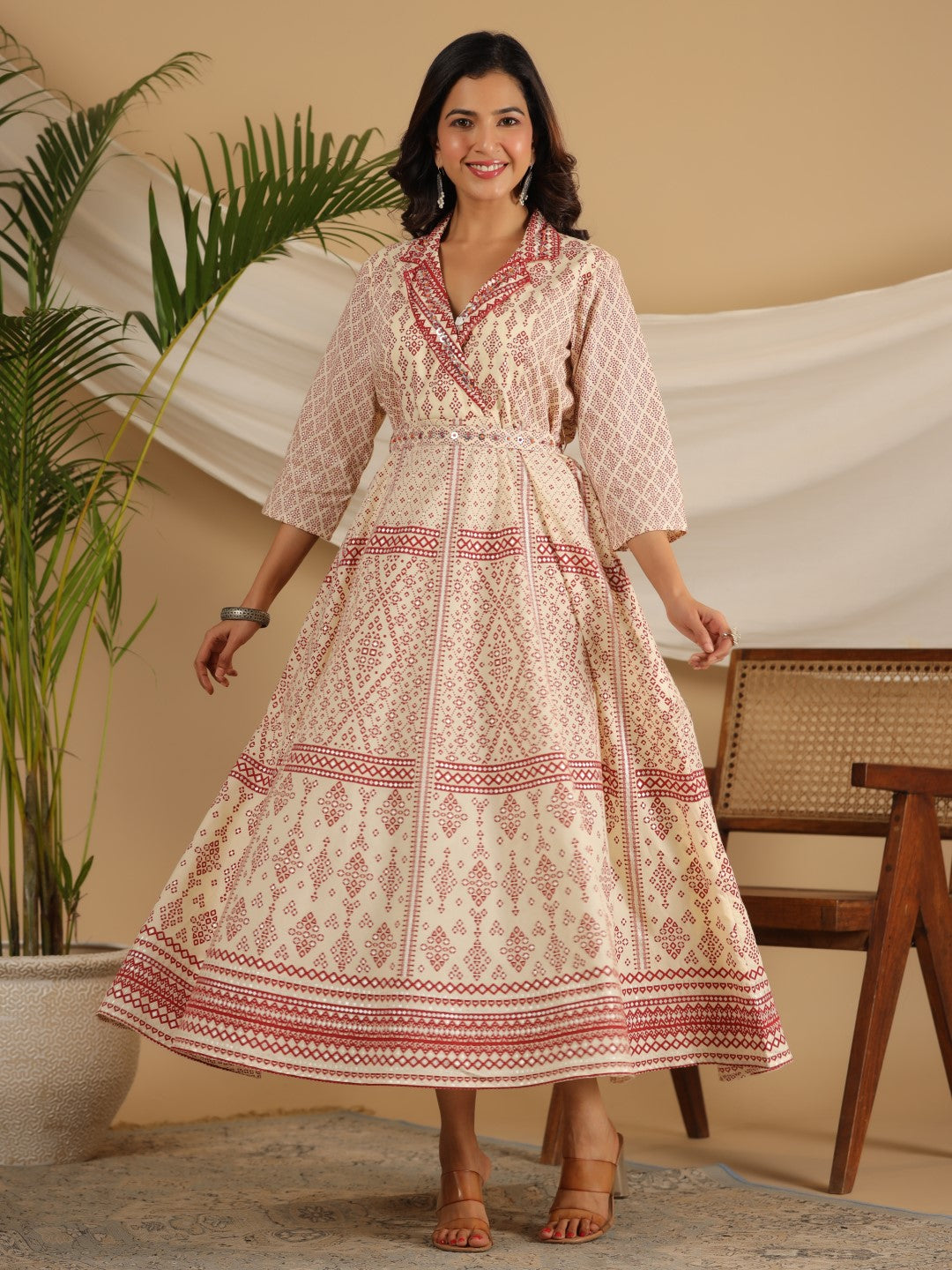 Juniper Ivory Cotton Geometric Printed Fit & Flare Maxi Dress With Contrast Beads & Sequins