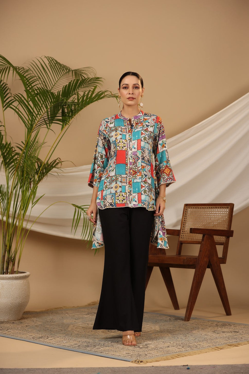 Juniper Blue Rayon Ethnic Motif Printed High-Lacy Mandarin Collar Women Tunic