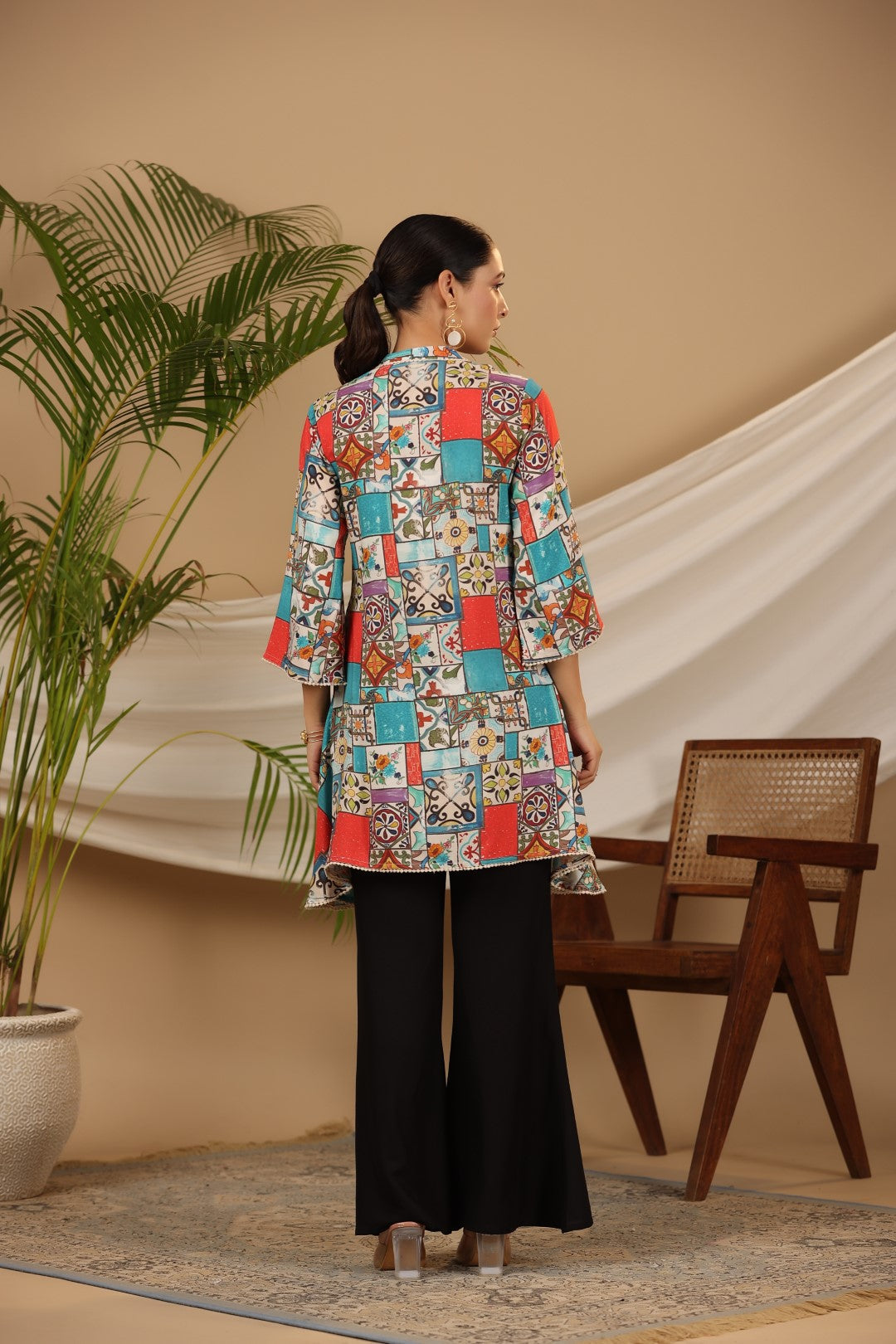 Juniper Blue Rayon Ethnic Motif Printed High-Lacy Mandarin Collar Women Tunic