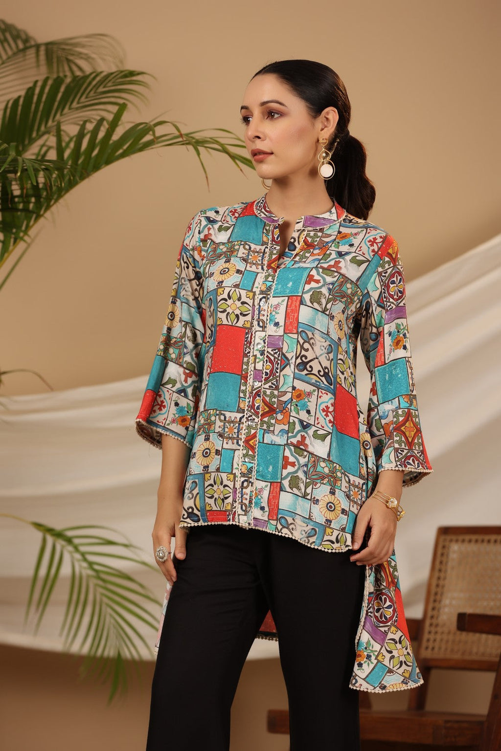 Juniper Blue Rayon Ethnic Motif Printed High-Lacy Mandarin Collar Women Tunic
