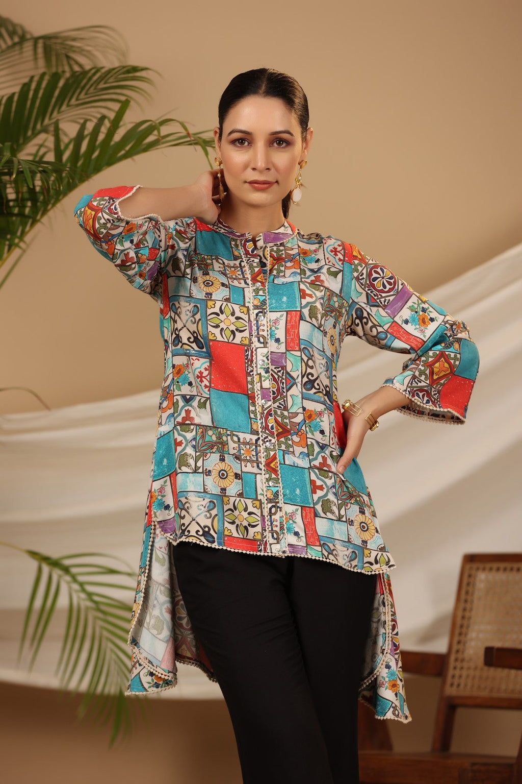 Juniper Blue Rayon Ethnic Motif Printed High-Lacy Mandarin Collar Women Tunic