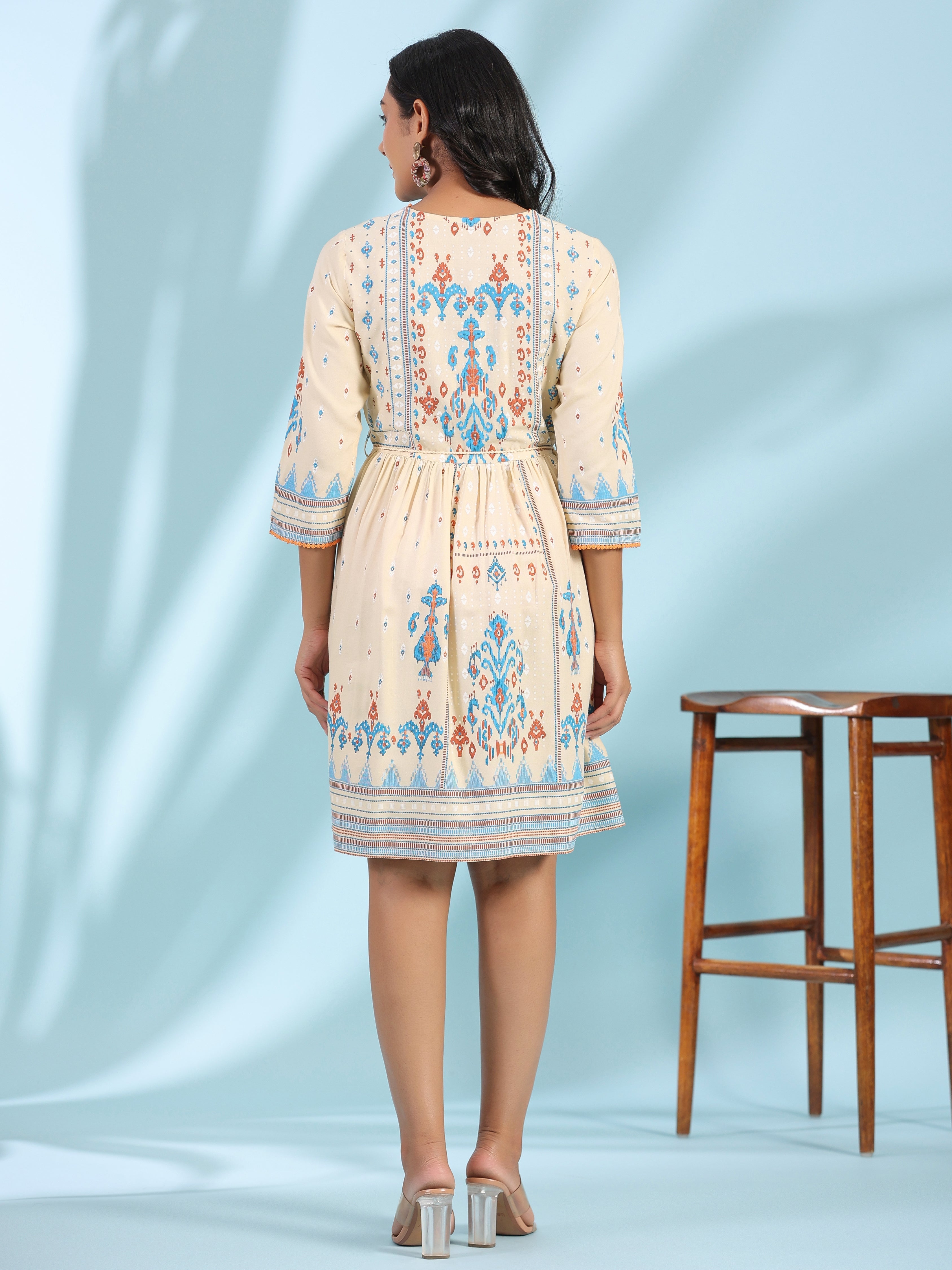 Juniper Women's Off-White Rayon Ikat Printed Fit & Flare Lacy Short Dress With Dori Tie-Up At Waist