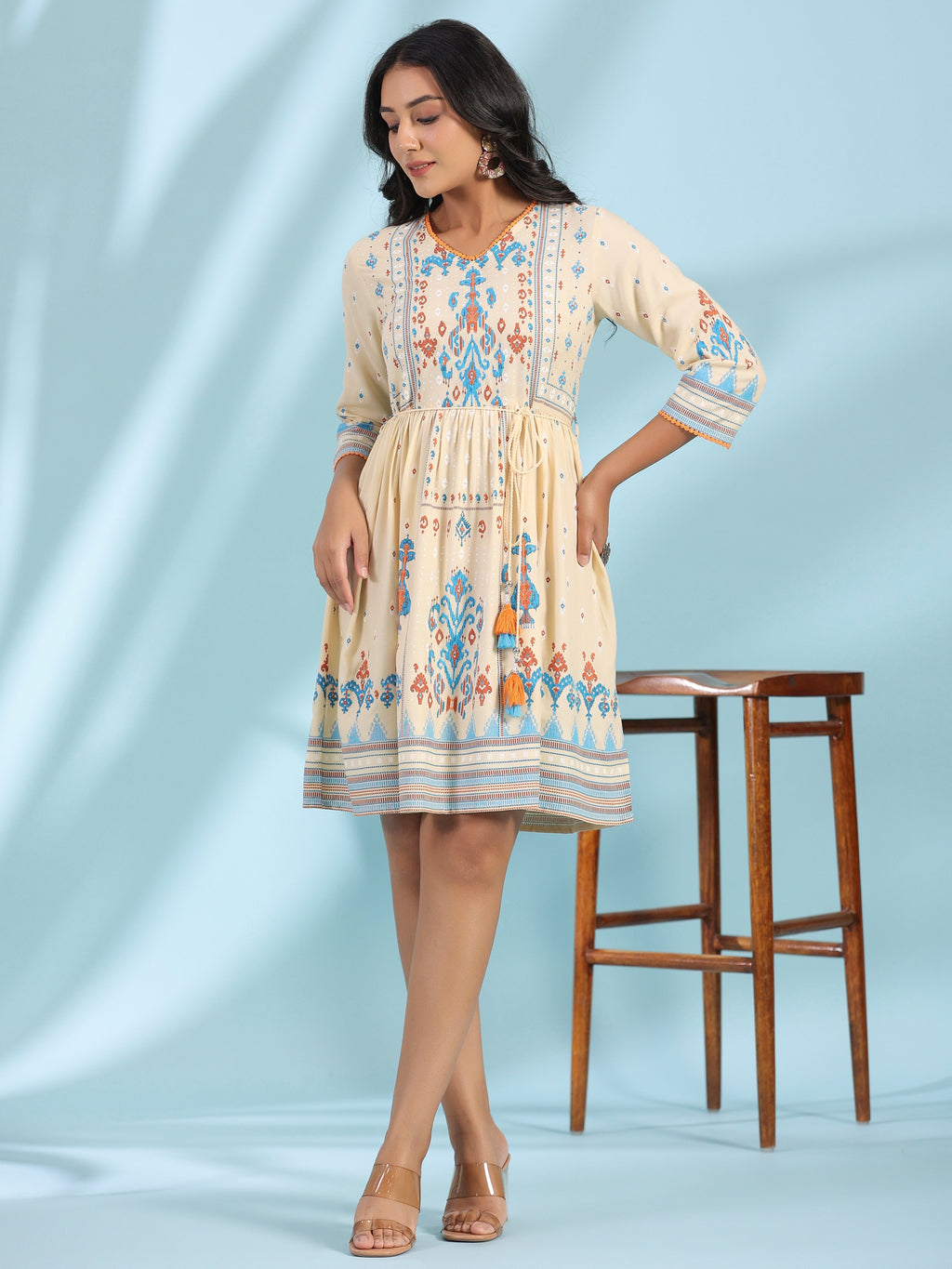 Juniper Women's Off-White Rayon Ikat Printed Fit & Flare Lacy Short Dress With Dori Tie-Up At Waist