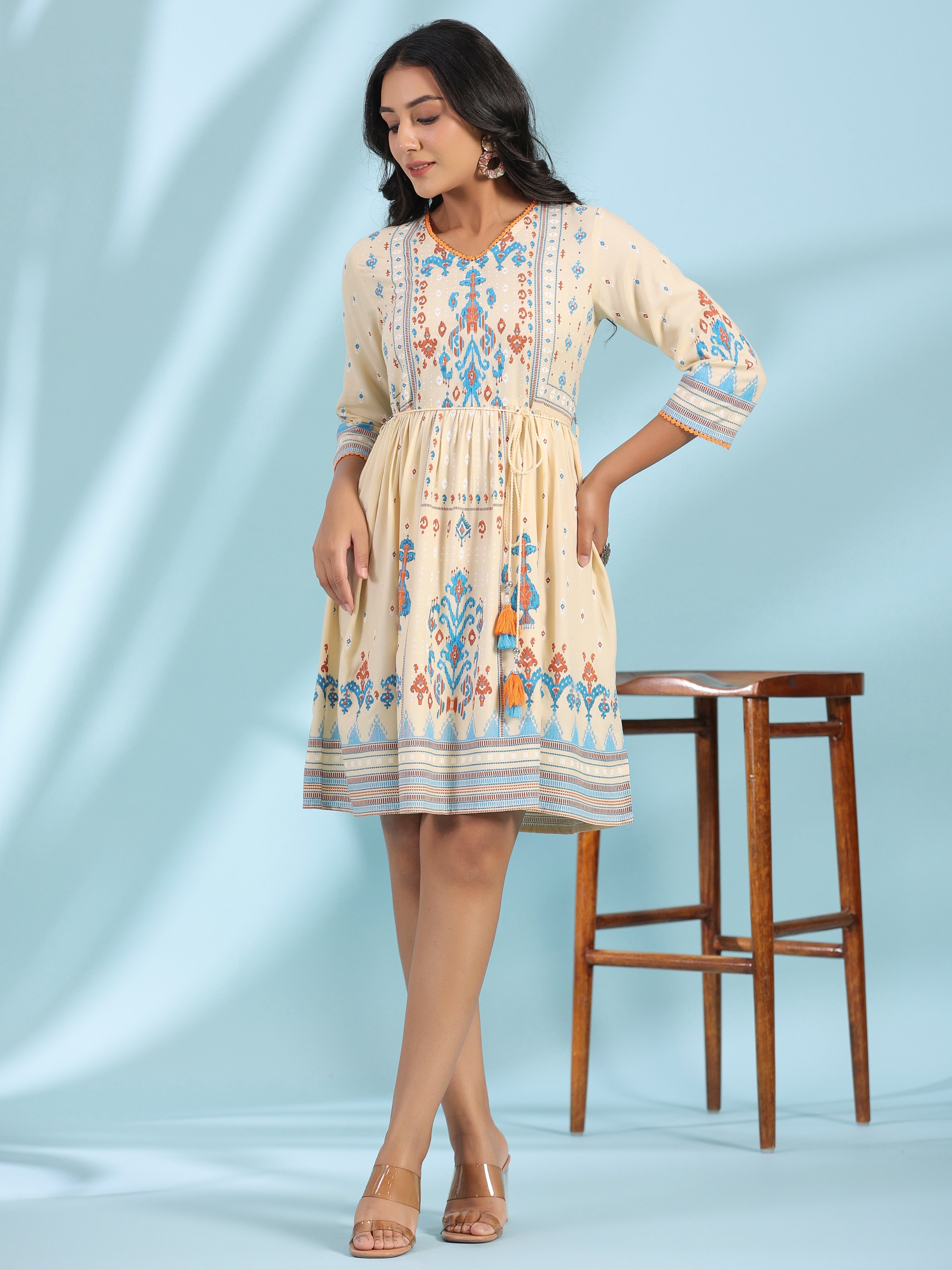 Juniper Women's Off-White Rayon Ikat Printed Fit & Flare Lacy Short Dress With Dori Tie-Up At Waist