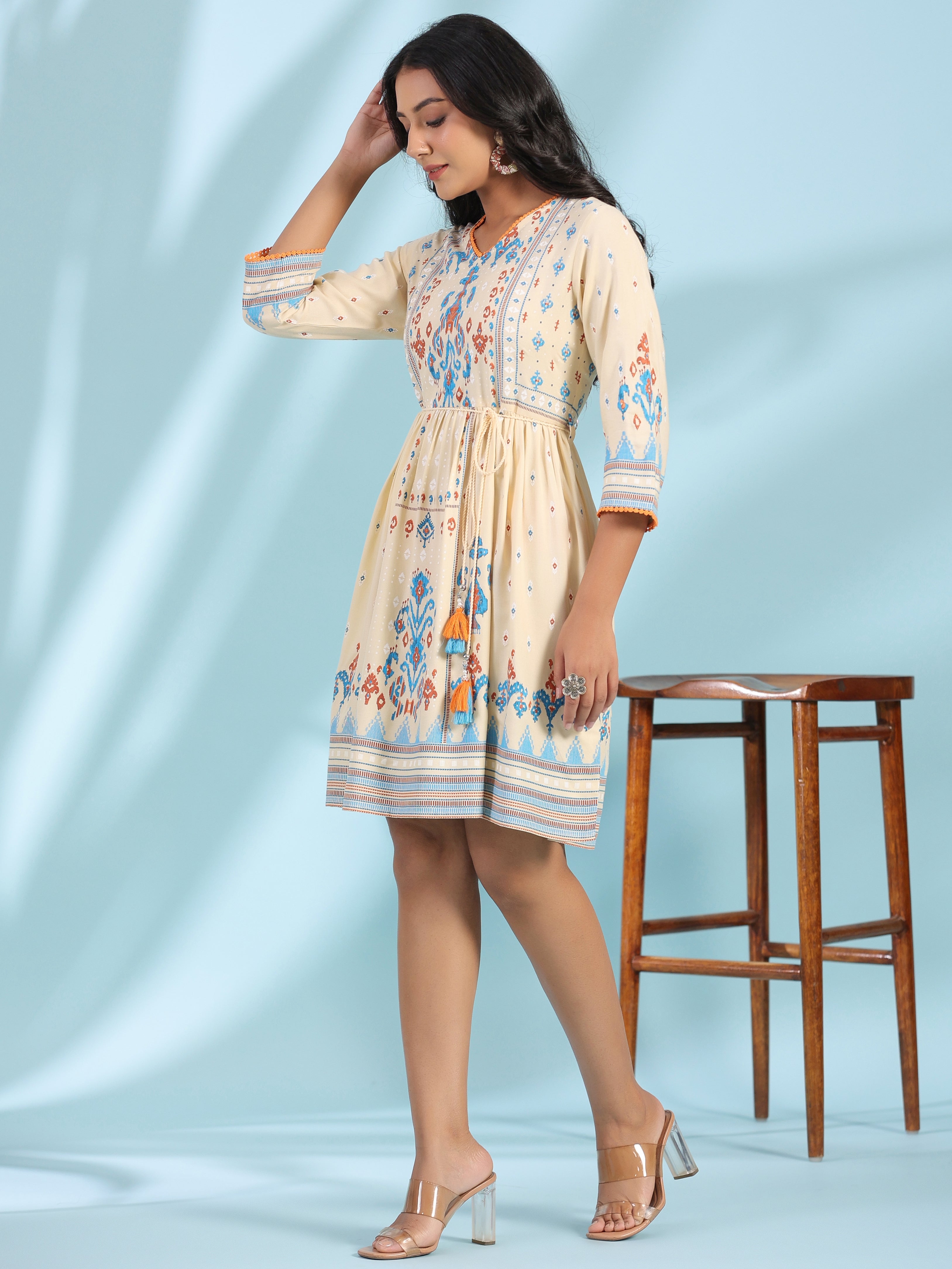 Juniper Women's Off-White Rayon Ikat Printed Fit & Flare Lacy Short Dress With Dori Tie-Up At Waist