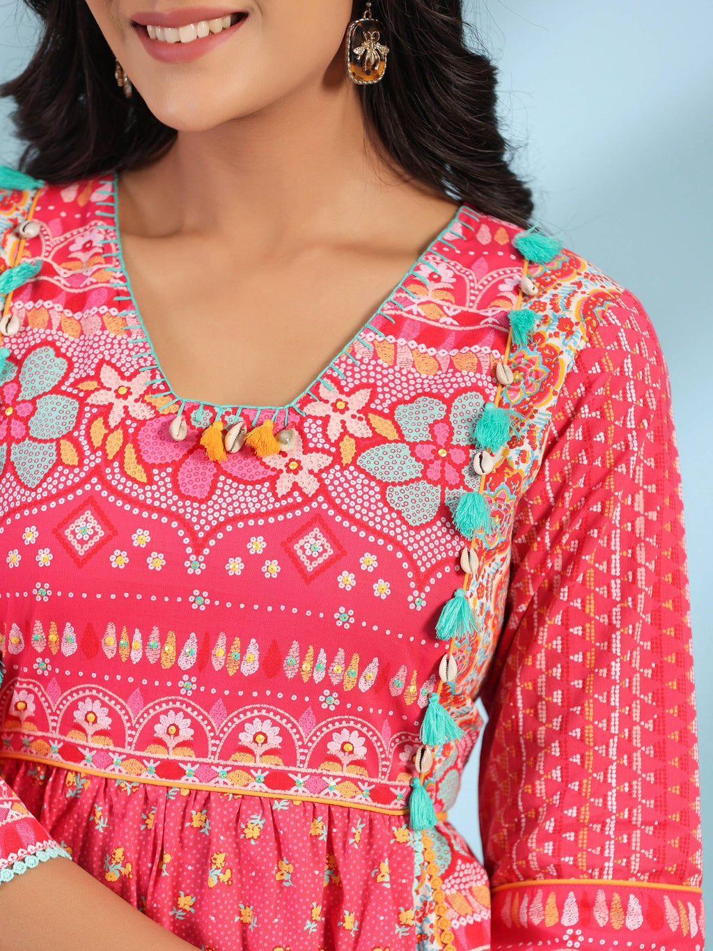Juniper Women's Pink Pure Cotton Floral Printed Panelled Short Dress With Contrasting Tassels & Beadwork